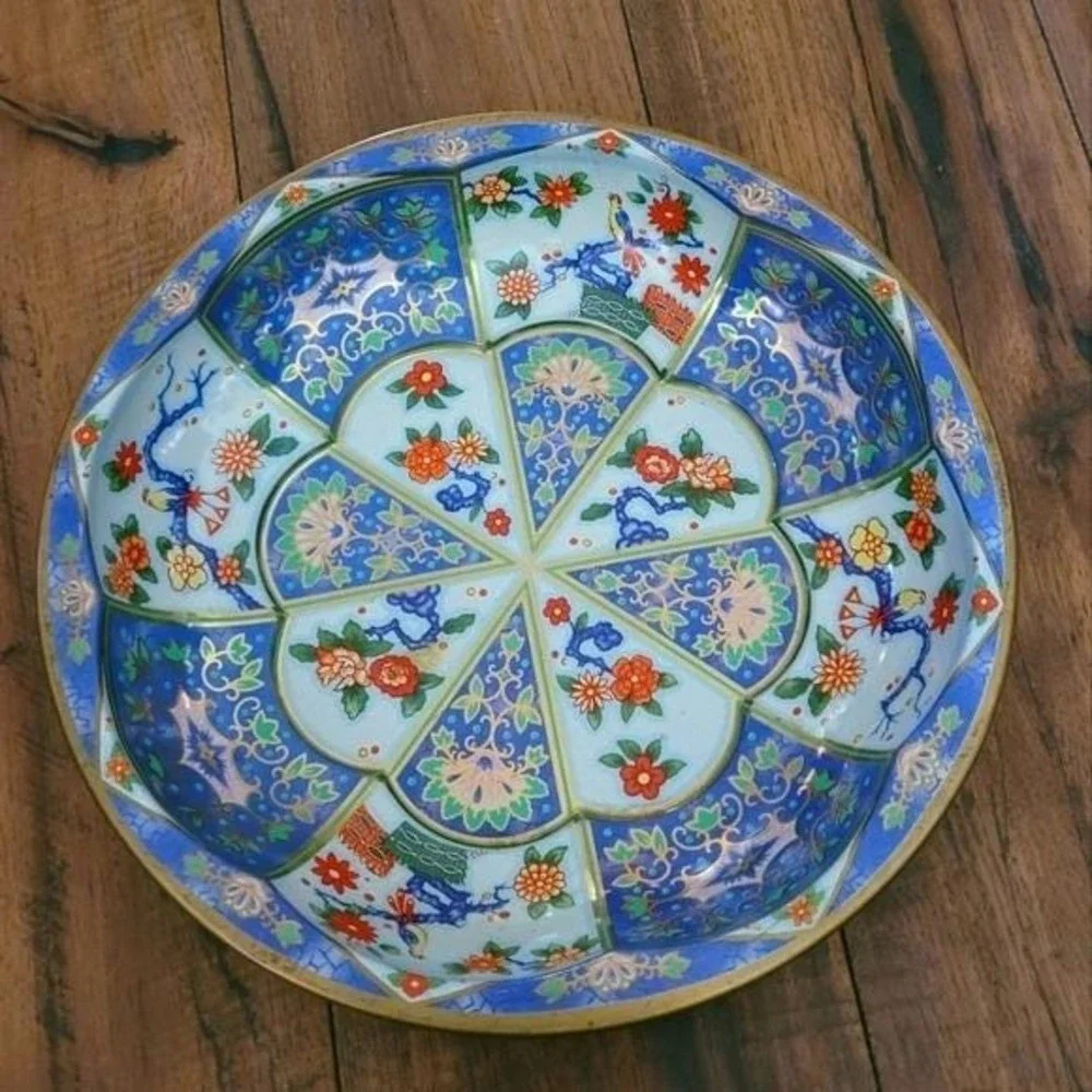 Vintage 1971 Daher Decorated Ware‎ Tin Bowl Blue Floral Bird Made in England